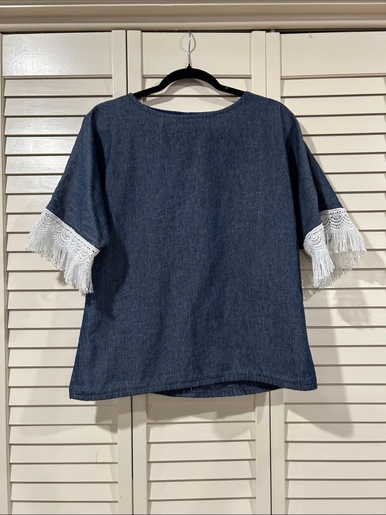 Tops - Denim-Look Top with White Lace Fringe Sleeves Size L
